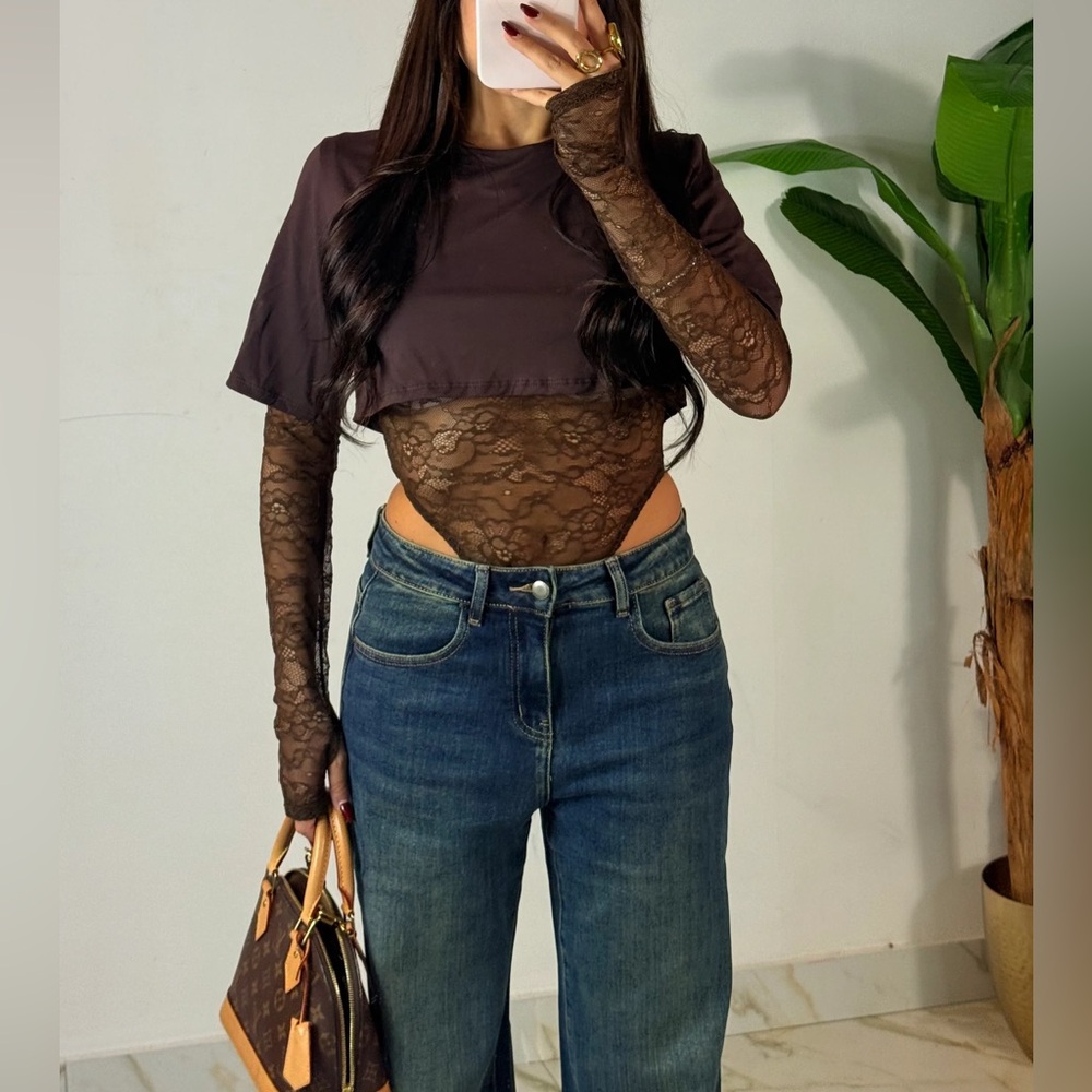 Lace Long Sleeve Bodysuit with Crop Top - Picture 2 of 15